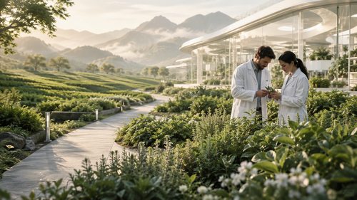 概念草本种植研究基地，绿色植物、玻璃温室与观察叶片的研究人员。
