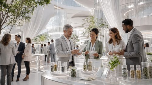 概念国际大健康展会中，国际品牌人士交流草本产品与包装。