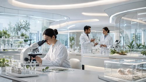 概念实验室中，白大褂科学家使用显微镜，透明观察箱内有两只健康白鼠。